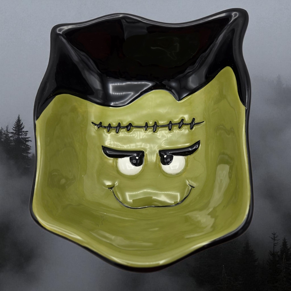 Halloween Whimsical Frankenstein Head Ceramic Bowl Green Black White